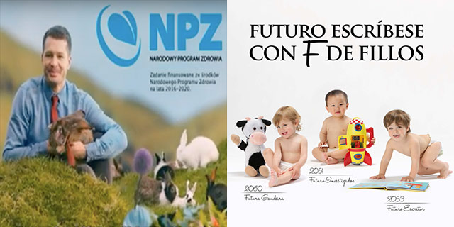 “Reproducíos como conejos”, aconseja el Ministerio de Sanidad polaco en el anuncio de la izquierda. A la derecha, campaña del gobierno gallego.}